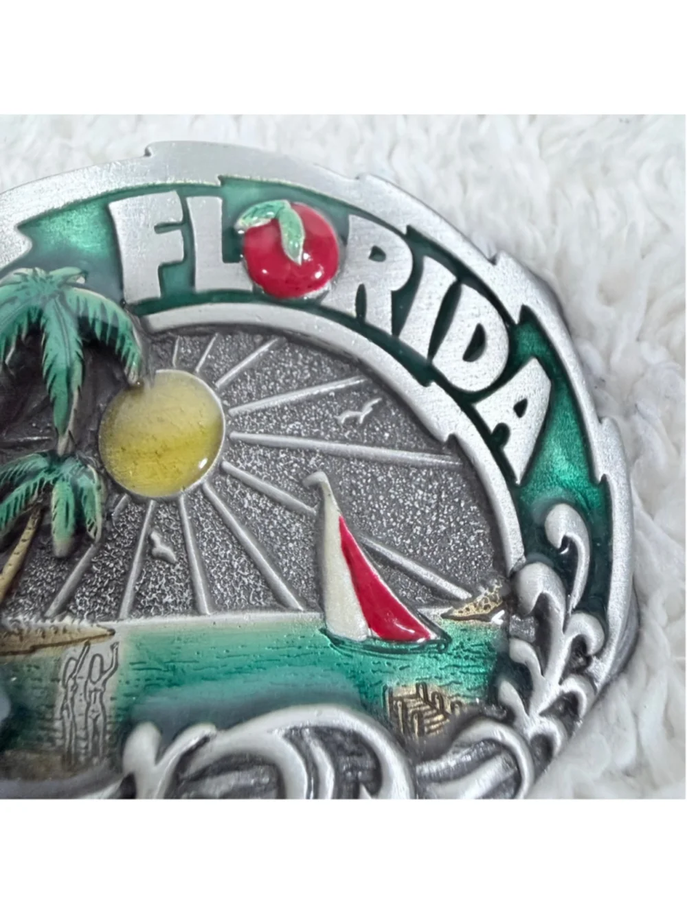 Vintage 1980 Great American Buckle Co Florida Enamel Beach Sailboat Sunset USA
